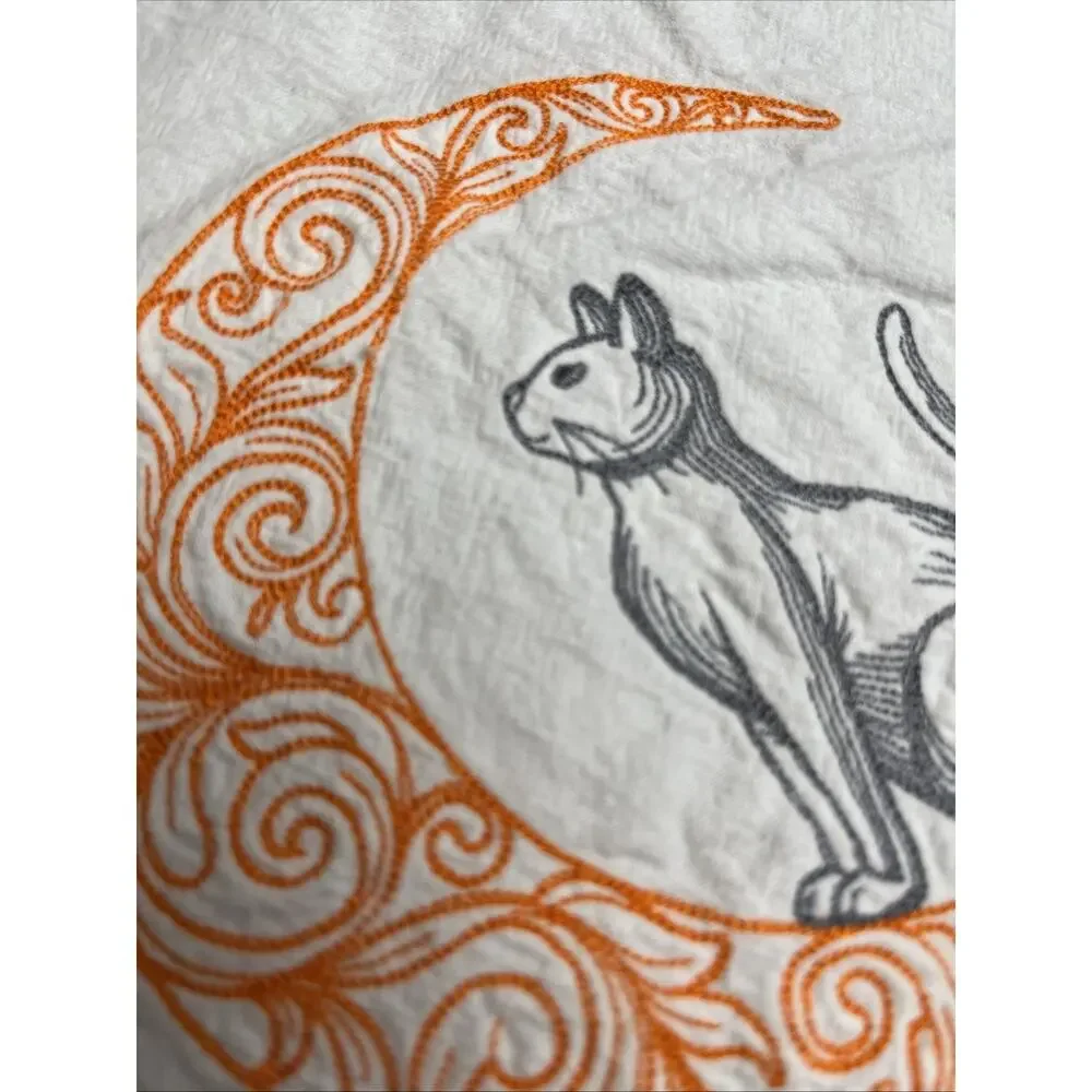 Gray Cat In Orange Moon Celestial Cotton Embroidered Flour Sack Kitchen Towel